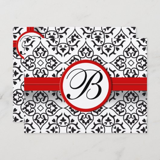 Elegant Damask Side Borders Red Trim Wedding RSVP (Vorne/Hinten)