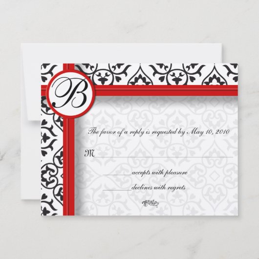 Elegant Damask Side Borders Red Trim Wedding RSVP (Rückseite)