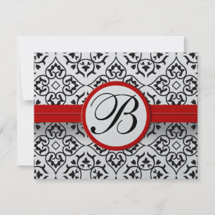 Elegant Damask Side Borders Red Trim Wedding RSVP Karte
