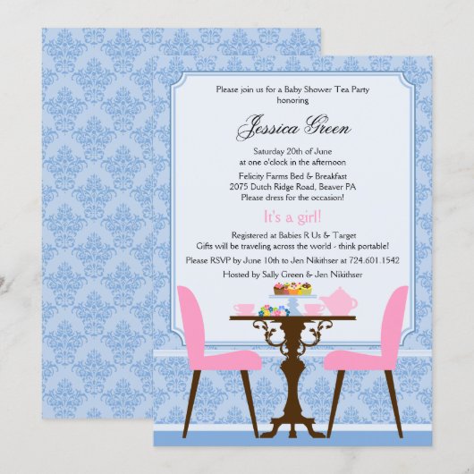 Elegant Damask Tea Party Einladung (Vorne/Hinten)