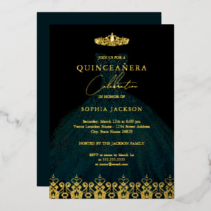Elegant Damask Tiara Emerald Gold Quinceanera Folieneinladung