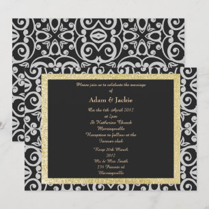 ELEGANT Damask WEDD SCHWARZE SILVER MODERN Einladung