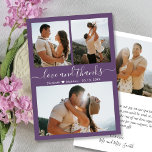 Elegant Dank Script Mauve Foto Collage Wedding Dankeskarte<br><div class="desc">Elegante, Minimalistische Hand Lettered Wedding 3 Foto Collage Danke Karte in Mauve Lila Farbe. Stilvolle Hochzeit dank Karte Vorlage mit drei Foto auf der Vorderseite und ein Foto auf der Rückseite. Mit dem Text "Liebe und Dank" in einer Wirblen Hand Letterkalligraphie oder Typografie Skript-Schriftart in weiß auf violett oder staubigen...</div>