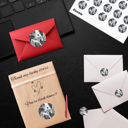 Elegant "Danke an meine Glückssterne" Silberschwar Runder Aufkleber