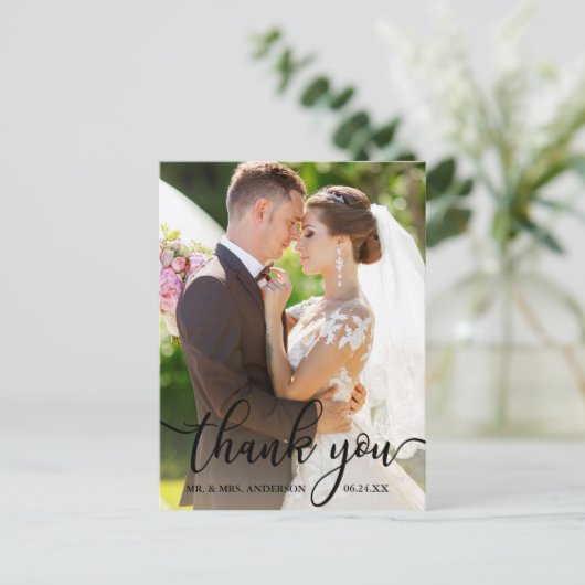 Elegant danke Ihnen Black Script Wedding Foto Postkarte (Stehend Vorderseite)