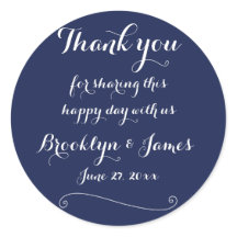 Elegant Danke Navy Blue Round Wedding Stickers