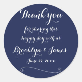 Elegant Danke Navy Blue Round Wedding Stickers