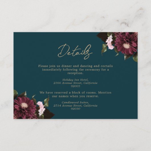 Elegant Dark Aquamarin Burgundy Floral Wedding Begleitkarte (Vorderseite)