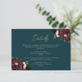 Elegant Dark Aquamarin Burgundy Floral Wedding Begleitkarte (Stehend Vorderseite)