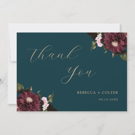 Elegant Dark Aquamarin Burgundy Floral Wedding Dankeskarte (Vorderseite)