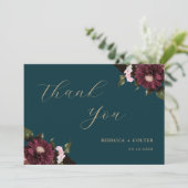Elegant Dark Aquamarin Burgundy Floral Wedding Dankeskarte (Stehend Vorderseite)