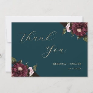 Elegant Dark Aquamarin Burgundy Floral Wedding Dankeskarte