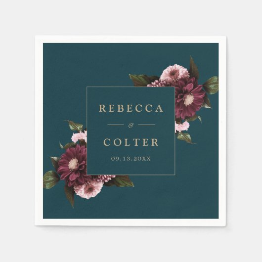 Elegant Dark Aquamarin Burgundy Floral Wedding Serviette (Vorderseite)