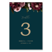 Elegant Dark Aquamarin Burgundy Floral Wedding Tischnummer (Rückseite)