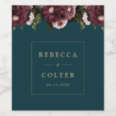 Elegant Dark Aquamarin Burgundy Floral Wedding Weinetikett (Einzelnes Label)