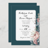 Elegant Dark Aquamarin Dusty Rose Floral Einladung (Vorne/Hinten)