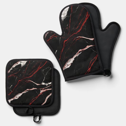 Elegant Dark Black Red Marble Ofenhandschuh & Topflappen-Set (Vorderseite/Rückseite)