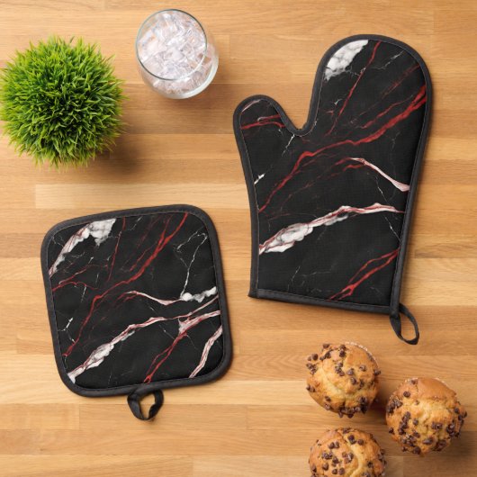 Elegant Dark Black Red Marble Ofenhandschuh & Topflappen-Set (Oben Unten)