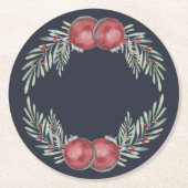 Elegant Dark Blue Christmas Ornament Red Berries Runder Pappuntersetzer (Vorderseite)