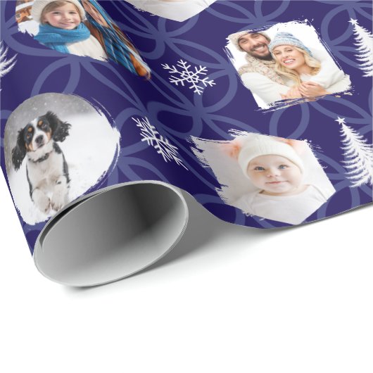 Elegant Dark Blue Custom Photo Gallery Christmas Geschenkpapier (Rolleneckpunkt)