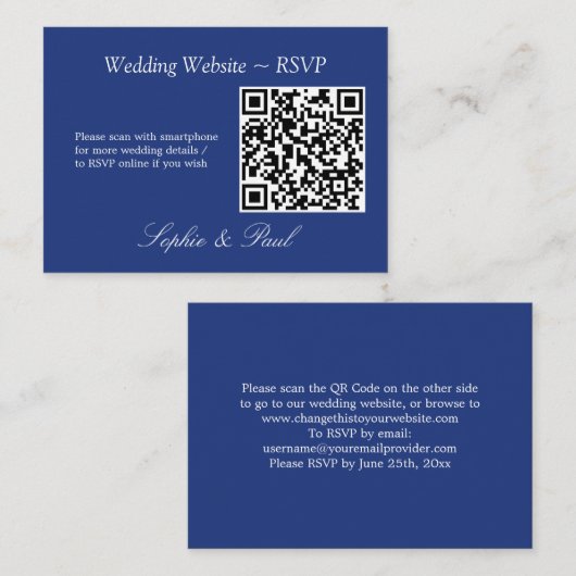 Elegant Dark Blue QR Code Website RSVP Card Begleitkarte (Vorne/Hinten)