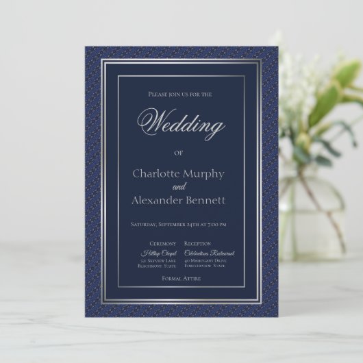 Elegant Dark Blue Silver Border Church Wedding Einladung (Stehend Vorderseite)