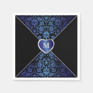 Elegant Dark Blue und Black Damask | Monogramm Serviette