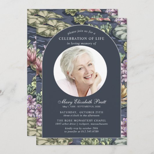 Elegant Dark Blue Wasserlilie Foto Beerdigung Einladung (Vorne/Hinten)