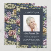 Elegant Dark Blue Wasserlilie Foto Beerdigung Einladung (Vorne/Hinten)