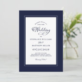 Elegant Dark Blue Wedding Chic Moderne Kalligraphi Einladung (Stehend Vorderseite)