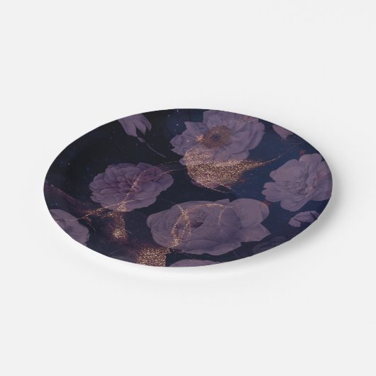 Elegant Dark Boho Lila Botanische Hochzeit Pappteller (Schrägansicht)