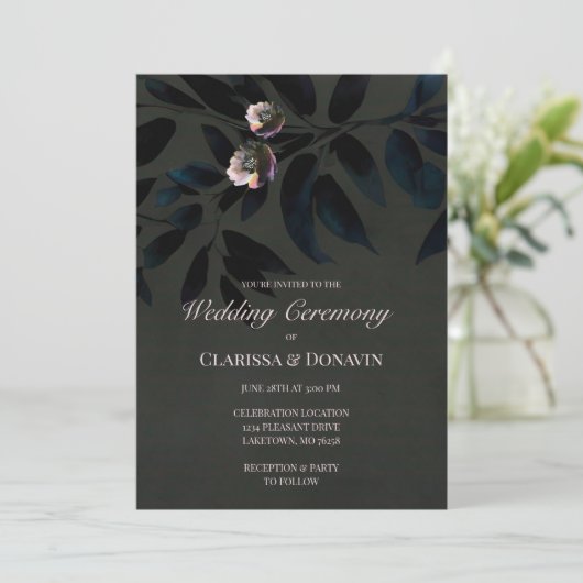 Elegant Dark Boho Wedding Floral Blätter Einladung (Stehend Vorderseite)