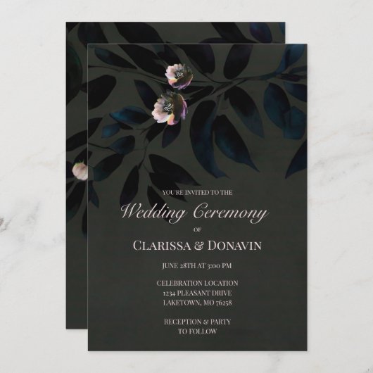 Elegant Dark Boho Wedding Floral Blätter Einladung (Vorne/Hinten)