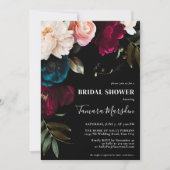 Elegant Dark Burgundy Blue Blush Bloral Black Einladung (Vorderseite)