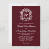 Elegant Dark Burgundy Monogram Crest Wedding Einladung (Vorderseite)
