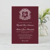 Elegant Dark Burgundy Monogram Crest Wedding Einladung (Stehend Vorderseite)