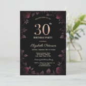 Elegant Dark Burgundy Rose Black 30. Geburtstag Einladung (Stehend Vorderseite)