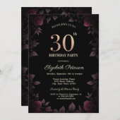 Elegant Dark Burgundy Rose Black 30. Geburtstag Einladung (Vorne/Hinten)