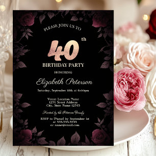 Elegant Dark Burgundy Rose Black 40. Geburtstag Einladung