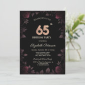 Elegant Dark Burgundy Rose Black 65. Geburtstag Einladung (Stehend Vorderseite)