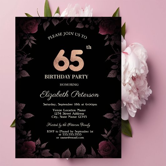 Elegant Dark Burgundy Rose Black 65. Geburtstag Einladung