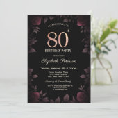 Elegant Dark Burgundy Rose Black 80. Geburtstag Einladung (Stehend Vorderseite)