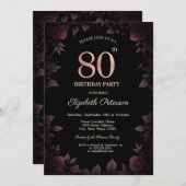 Elegant Dark Burgundy Rose Black 80. Geburtstag Einladung (Vorne/Hinten)