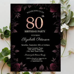 Elegant Dark Burgundy Rose Black 80. Geburtstag Einladung