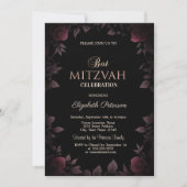 Elegant Dark Burgundy Rose Black Bat Mitzvah Einladung (Vorderseite)