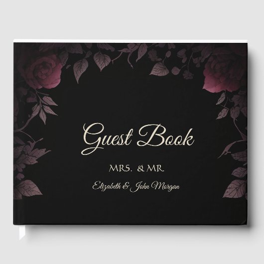Elegant Dark Burgundy Rose Black Guest Book Gästebuch (Vorderseite)