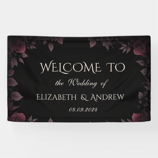 Elegant Dark Burgundy Rose Black Wedding Banner (Horizontal)