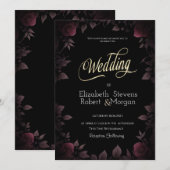 Elegant Dark Burgundy Rose Black Wedding Einladung (Vorne/Hinten)