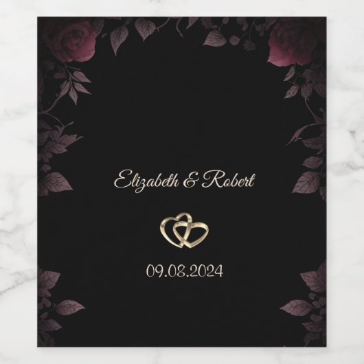 Elegant Dark Burgundy Rose Black Wedding Weinetikett (Einzelnes Label)