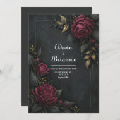 Elegant Dark Burgundy Rose Gilded Leaf Wedding Einladung (Vorne/Hinten)